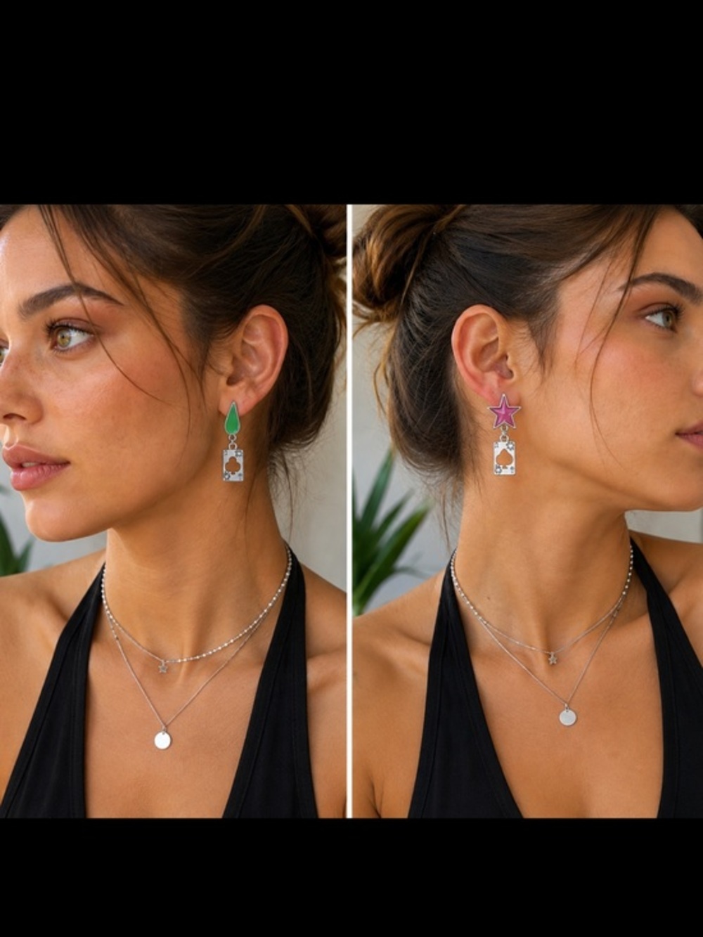 Y2K Mismatched Playing Card Earrings Green Teardrop Pink Star Dangle